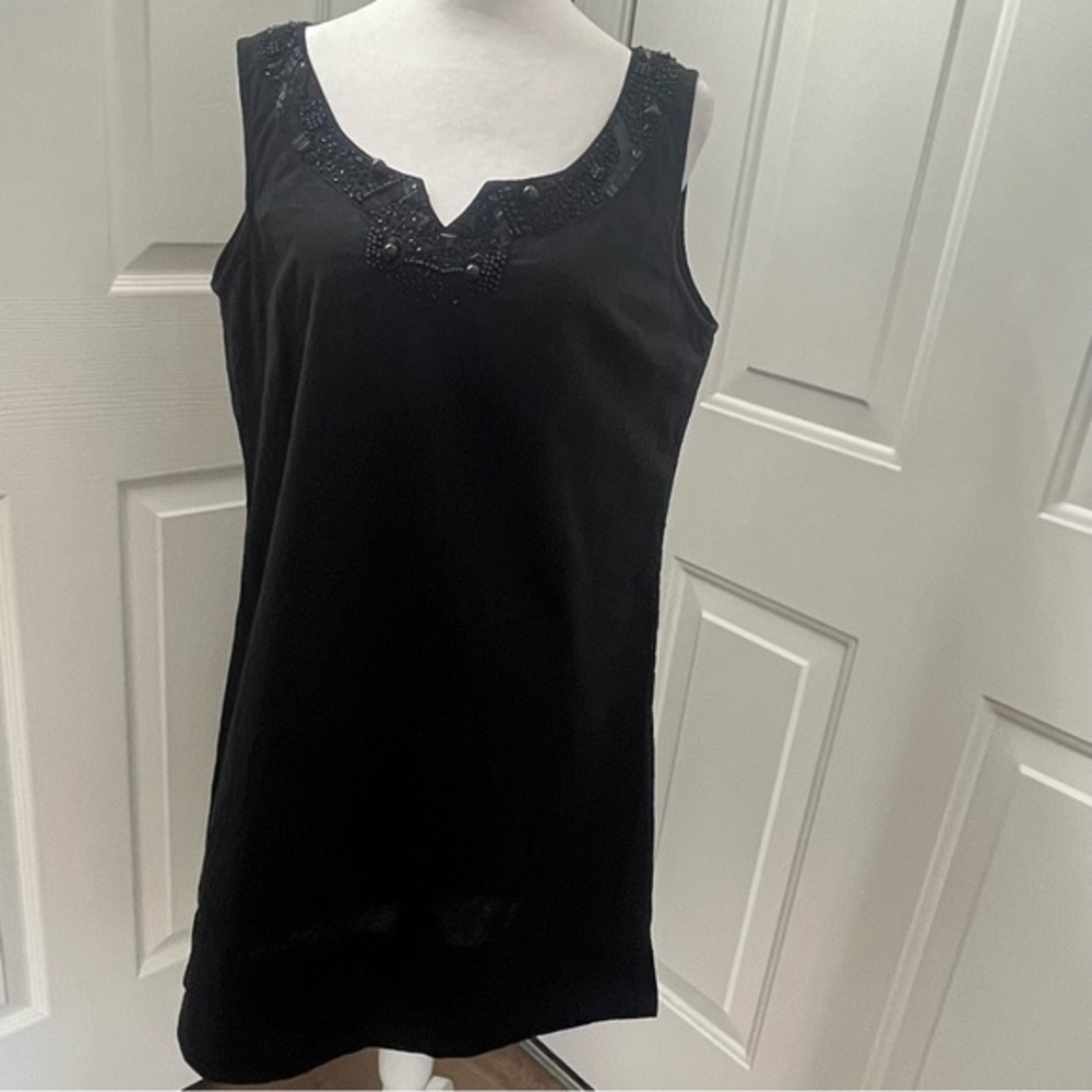 Cejon Black Cotton Beaded Neckline Sleeveless Dress‎ Women M/L Minimalist Goth